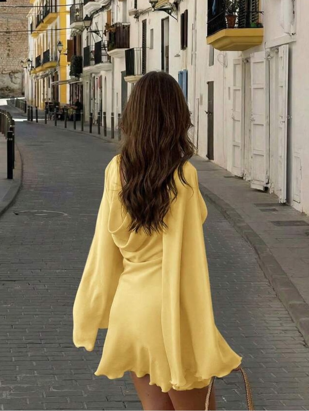 long sleeve cowl neck open back mini dress yellow satin silky